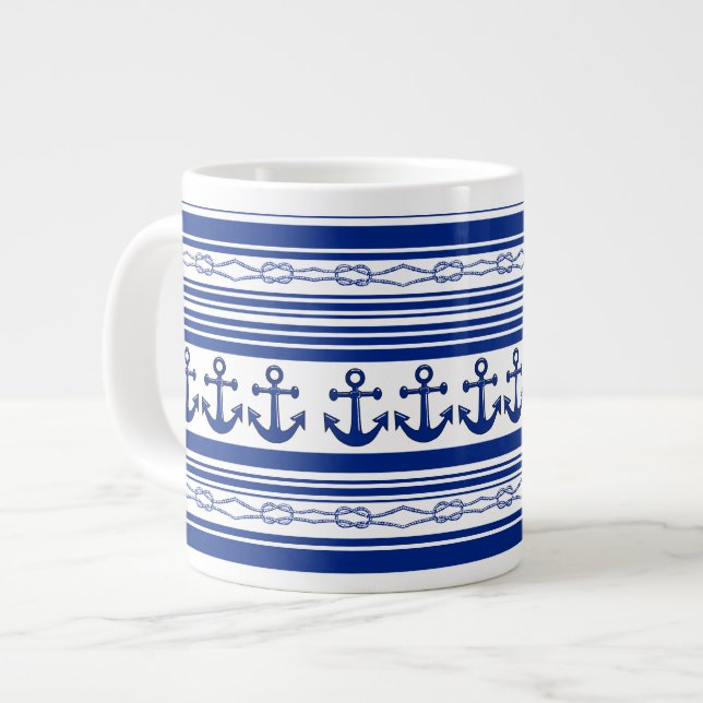 Nautical Anchors Ropes And Stripes Large Coffee Mug (Front Left)