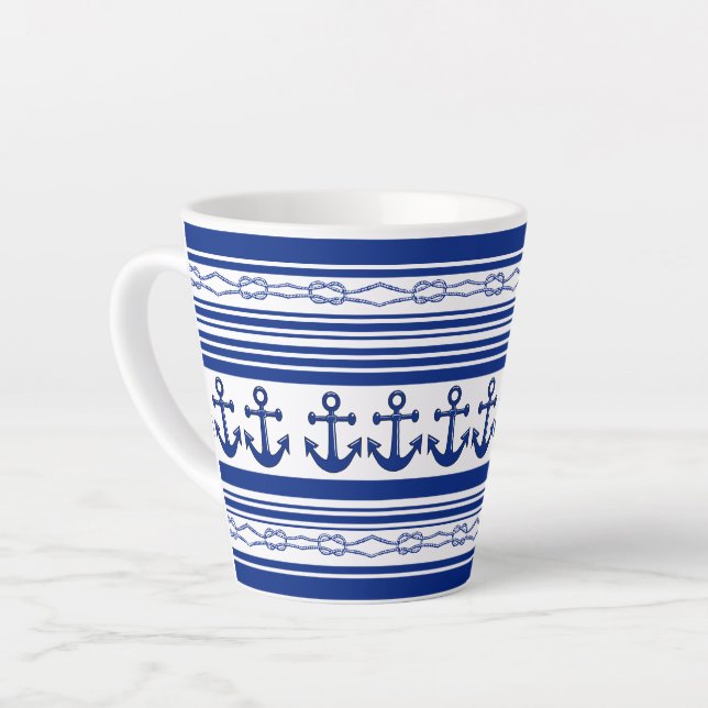 Nautical Anchors Ropes And Stripes Latte Mug (Left Angle)
