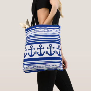 Nautical Anchors Ropes And Stripes Tote Bag