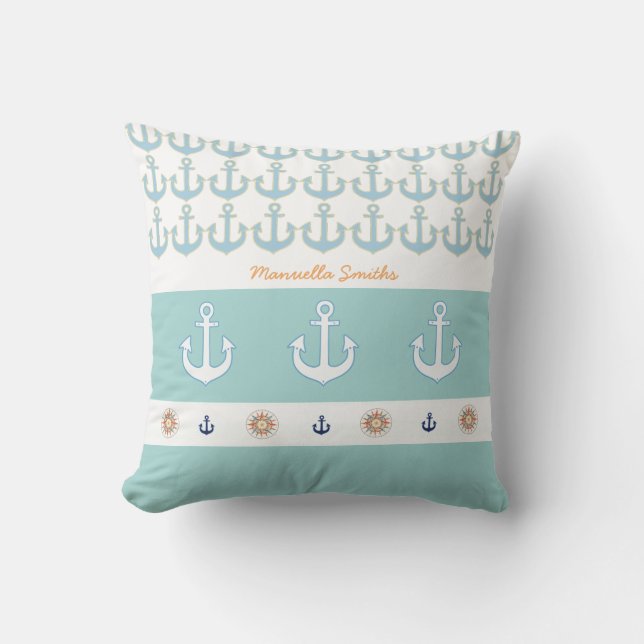 nautical anchors + stripes  personalised outdoor cushion (Front)