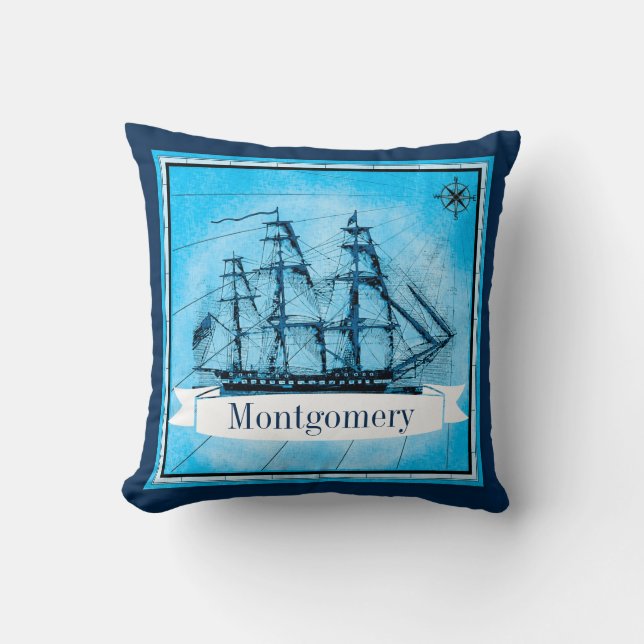 Nautical Antique Vintage Ship Compass Family Name Cushion (Front)