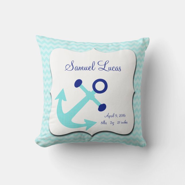 Nautical Aqua Anchor Chevron Keepsake Pillow (Front)