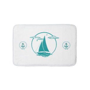 Nautical aqua anchor/sail boat/sunset silhouette bath mat