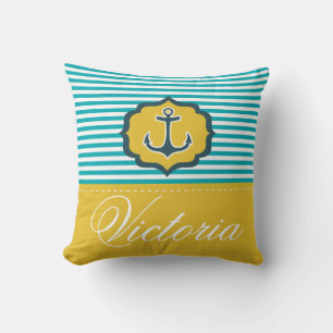 Nautical Aqua Blue Yellow Stripes Anchor Custom Cushion