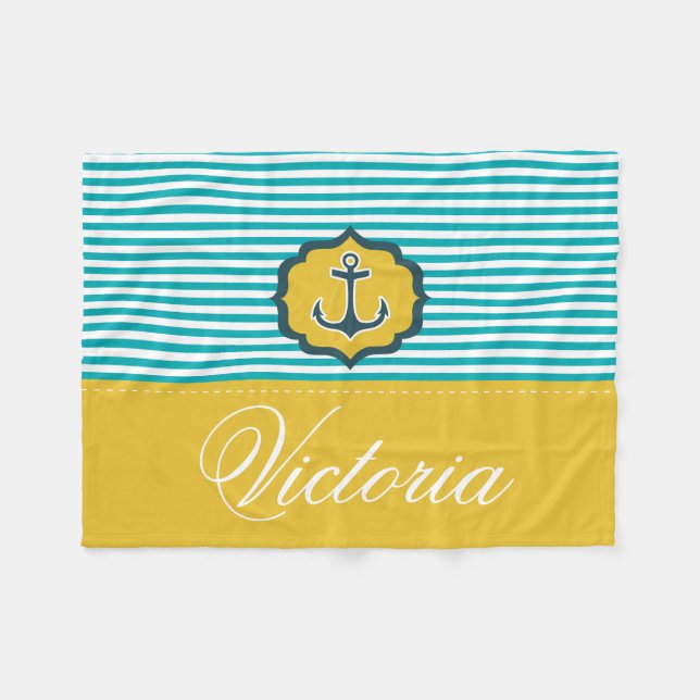 Nautical Aqua Blue Yellow Stripes Anchor Custom Fleece Blanket (Front (Horizontal))