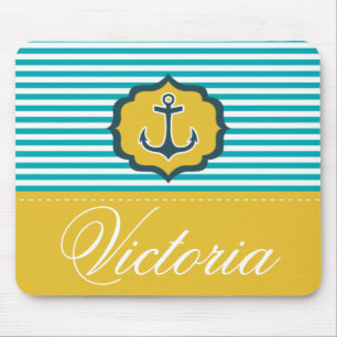Nautical Aqua Blue Yellow Stripes Anchor Custom Mouse Mat