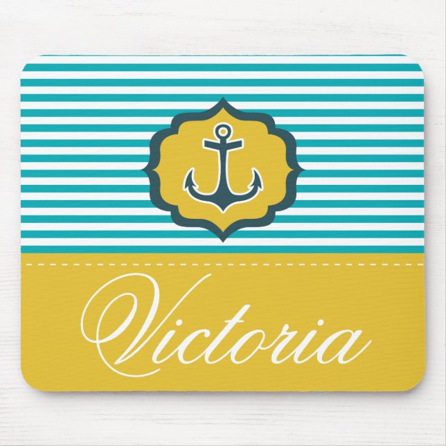 Nautical Aqua Blue Yellow Stripes Anchor Custom Mouse Mat (Front)