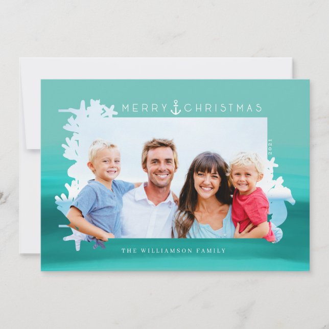 Nautical Aqua Merry Christmas Ocean Photo Frame Holiday Card (Front)