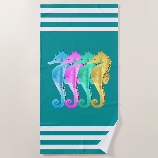 Nautical aqua/pink/blue/gold seahorses beach towel (Front)