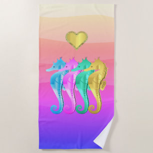 Nautical aqua/pink/blue/gold seahorses beach towel