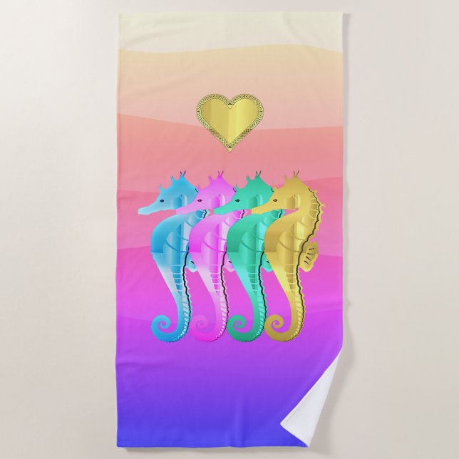 Nautical aqua/pink/blue/gold seahorses beach towel (Front)