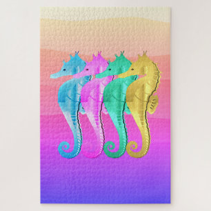 Nautical aqua/pink/blue/gold seahorses throw pillo jigsaw puzzle