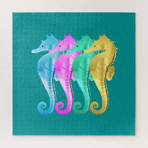 Nautical aqua/pink/blue/gold seahorses throw pillo jigsaw puzzle