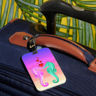Nautical aqua/pink/blue/gold/silver seahorses luggage tag