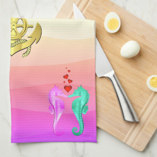 Nautical aqua/pink/kissing seahorses/hearts bath tea towel