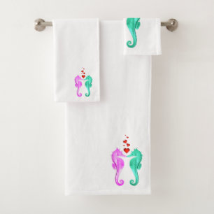 Nautical aqua/pink/kissing seahorses/hearts  bath  towel set