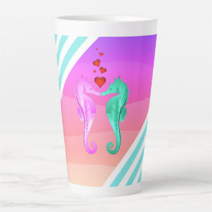 Nautical aqua/pink/seahorses kissing hearts  lapto latte mug