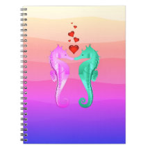 Nautical aqua/pink/seahorses kissing hearts notebo