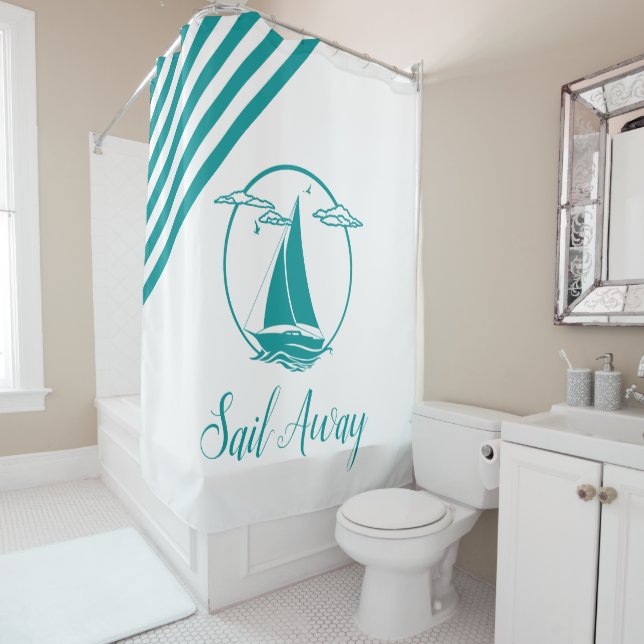 Nautical aqua sailboat silhouette/sail away/stripe shower curtain (In Situ)