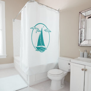 Nautical aqua sailboat silhouette/with stripes shower curtain