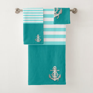 Nautical aqua/silver/grey ship anchor/wheel bath towel set