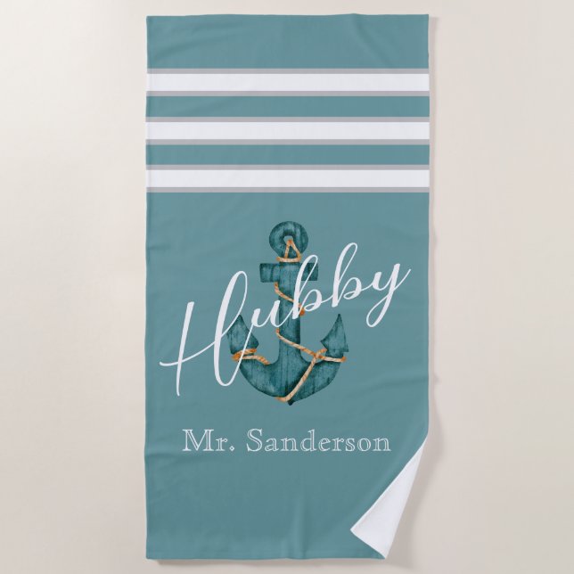 Nautical Aqua Teal Blue Anchor Hubby Honeymoon   Beach Towel (Front)