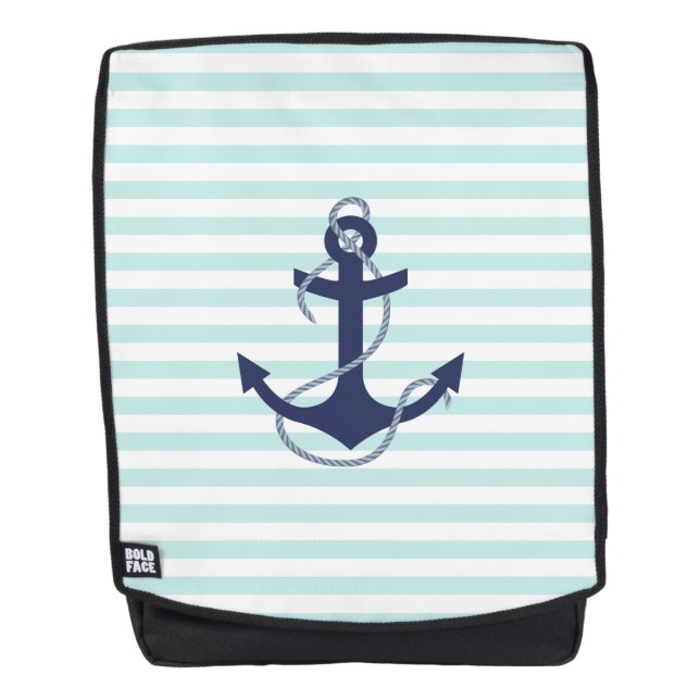 Nautical Aqua & White Stripes Navy Blue Anchor Backpack (Front)