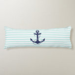 Nautical Aqua & White Stripes Navy Blue Anchor Body Cushion<br><div class="desc">Trendy light blue & white stripes pattern with navy dark blue anchor in the middle.</div>