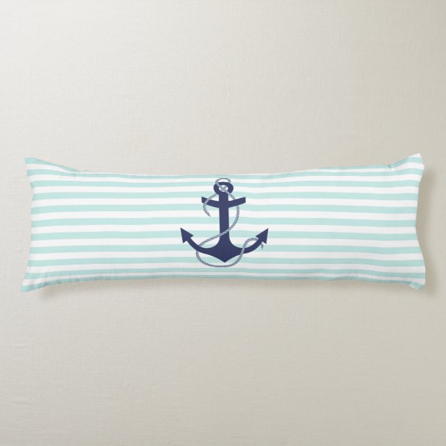 Nautical Aqua & White Stripes Navy Blue Anchor Body Cushion (Front)