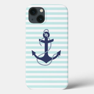 Nautical Aqua & White Stripes Navy Blue Anchor iPhone 13 Case