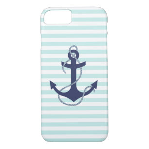 Nautical Aqua & White Stripes Navy Blue Anchor iPhone 8/7 Case