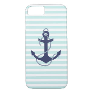 Nautical Aqua & White Stripes Navy Blue Anchor Case-Mate iPhone Case