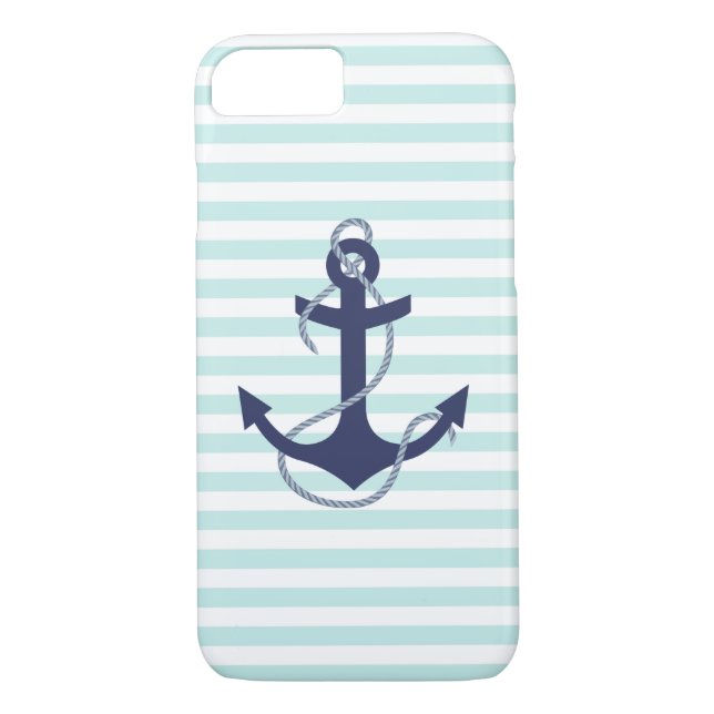 Nautical Aqua & White Stripes Navy Blue Anchor Case-Mate iPhone Case (Back)