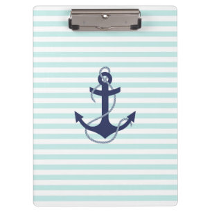 Nautical Aqua & White Stripes Navy Blue Anchor Clipboard