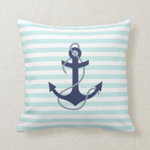 Nautical Aqua & White Stripes Navy Blue Anchor Cushion