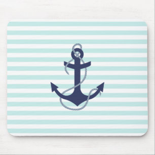 Nautical Aqua & White Stripes Navy Blue Anchor Mouse Mat