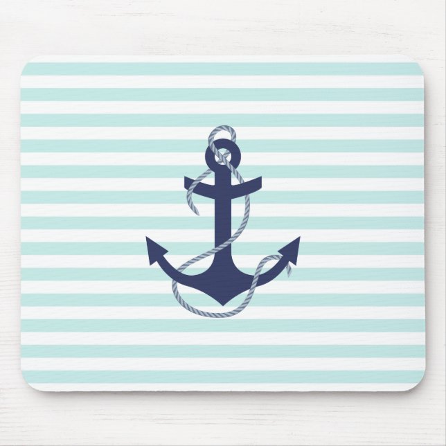 Nautical Aqua & White Stripes Navy Blue Anchor Mouse Mat (Front)