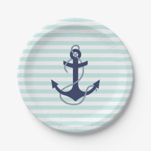 Nautical Aqua & White Stripes Navy Blue Anchor Paper Plate