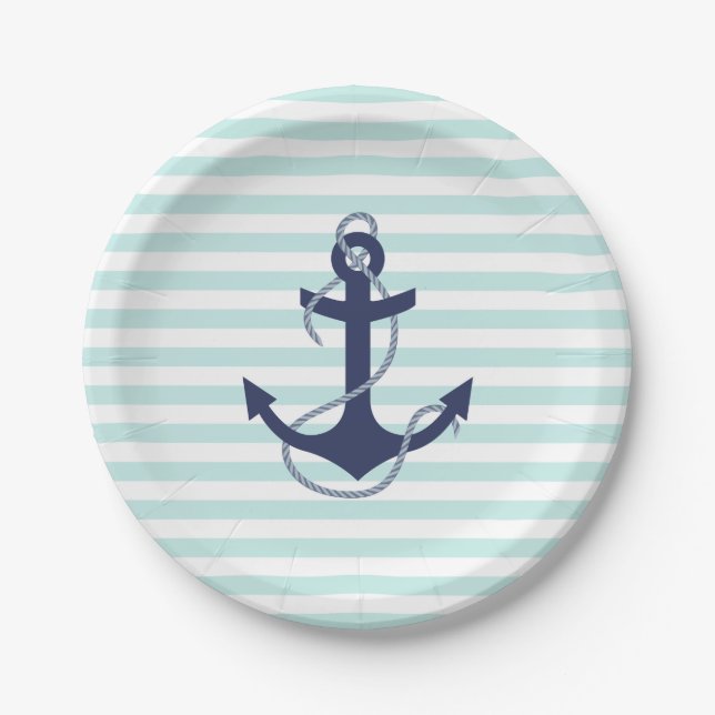 Nautical Aqua & White Stripes Navy Blue Anchor Paper Plate (Front)