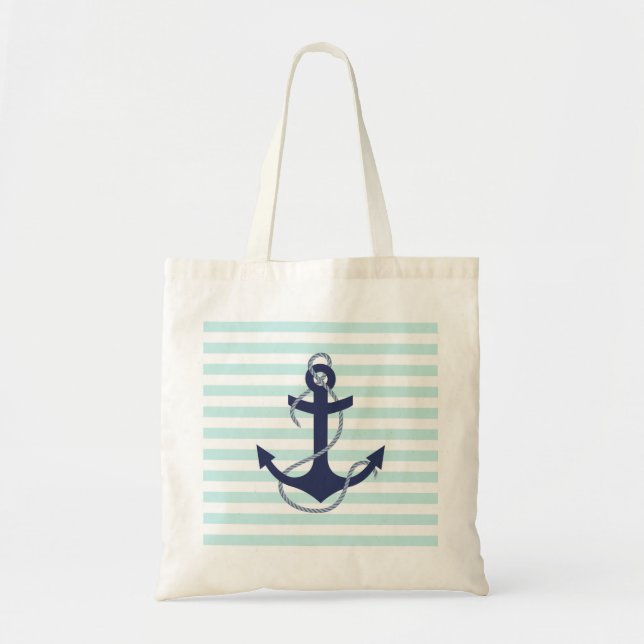 Nautical Aqua & White Stripes Navy Blue Anchor Tote Bag (Front)
