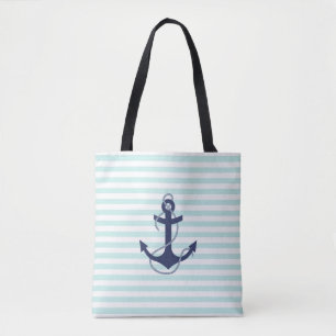 Nautical Aqua & White Stripes Navy Blue Anchor Tote Bag