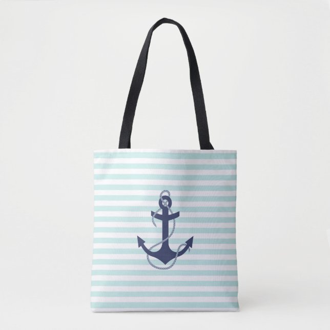 Nautical Aqua & White Stripes Navy Blue Anchor Tote Bag (Front)