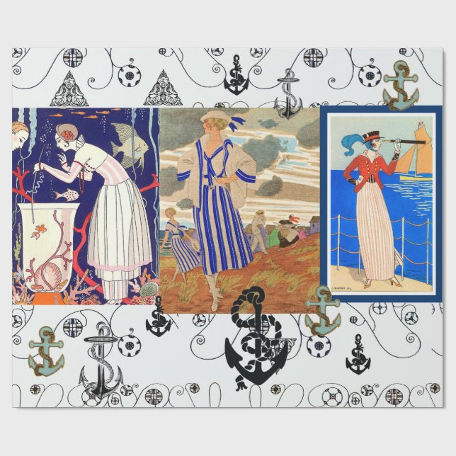 NAUTICAL ART DECO BEAUTY FASHION WITH ANCHORS WRAPPING PAPER (Flat)