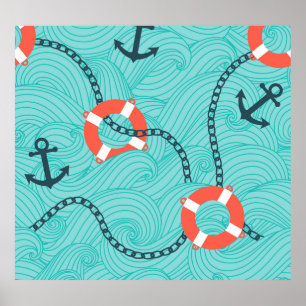 Nautical Attributes Freehand Seamless Pattern Poster