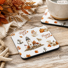 Nautical Autumn Coastal Lighthouse Print Coaster