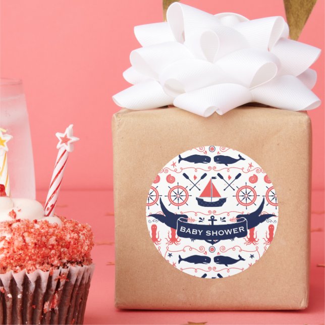 Nautical Baby Boy Baby Shower Coral Navy Octopus Classic Round Sticker (Party)