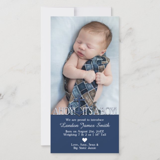 Nautical Baby Boy Birth Announcement with Photo (Front)