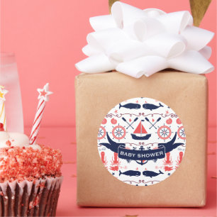 Nautical Baby Boy Shower Coral Navy Whale Octopus Classic Round Sticker