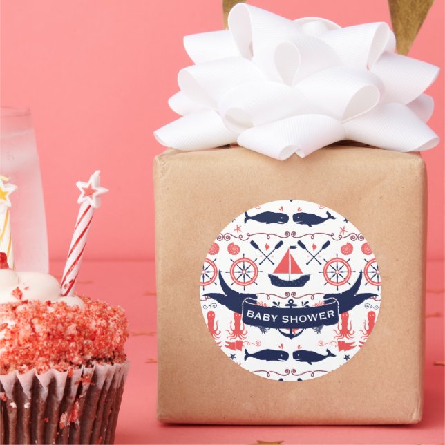 Nautical Baby Boy Shower Coral Navy Whale Octopus Classic Round Sticker (Party)