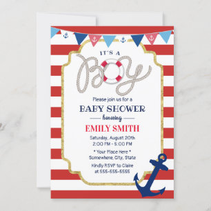 Nautical Baby Boy Shower Navy Anchor Red Stripes Invitation